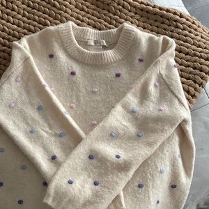 LOFT Cream Sweater with Purple and Blue Dots
